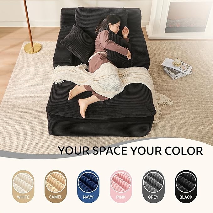63" Chaise Lounge Chair Indoor, Set of Convertible Sleeper Sofa Couch with Throw Pillows & Side Pockets, Corduroy Upholstered Oversized Sofa Bed with Armrests for Living Room Bedroom, Black