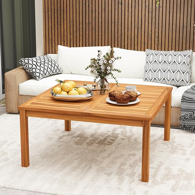 RELAX4LIFE Wood Outdoor Coffee Table - 35.5’’ Square Patio Tables w/Slatted Tabletop & Solid Legs, Patio Dining for Balcony Garden Porch Poolside Deck, Acacia Wooden Outdoor Side Table