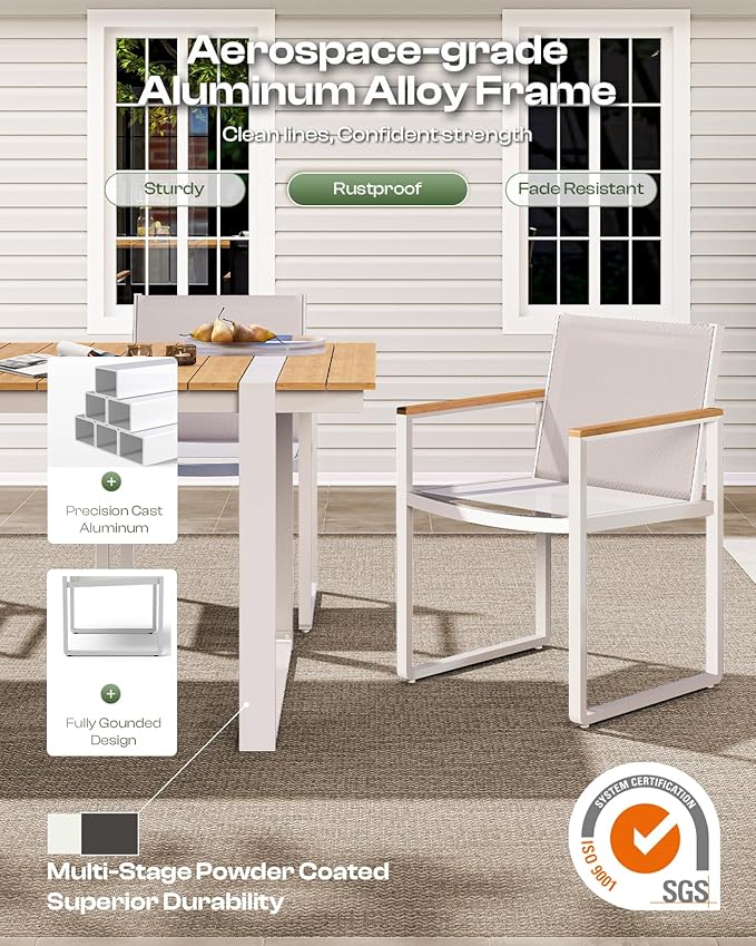 Outdoor Dining Set, HDPS + Aluminum Patio Table and Chairs Set with U-Shaped Base, 7 Piece Outdoor Furniture Set with Umbrella Hole, Patio Dining Table Set for Garden, Backyard (White-Teak)