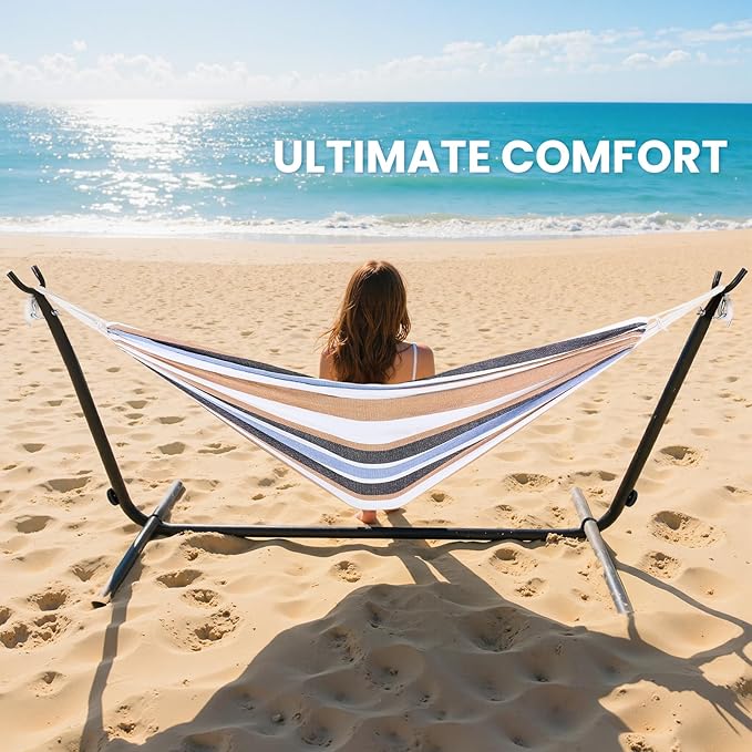Sweetcrispy Double Hammock with Space Saving Steel Stand Heavy Duty 2 Person Standing Hammocks 450lb Capacity for Outside Garden Yard with Portable Carrying Bag, White