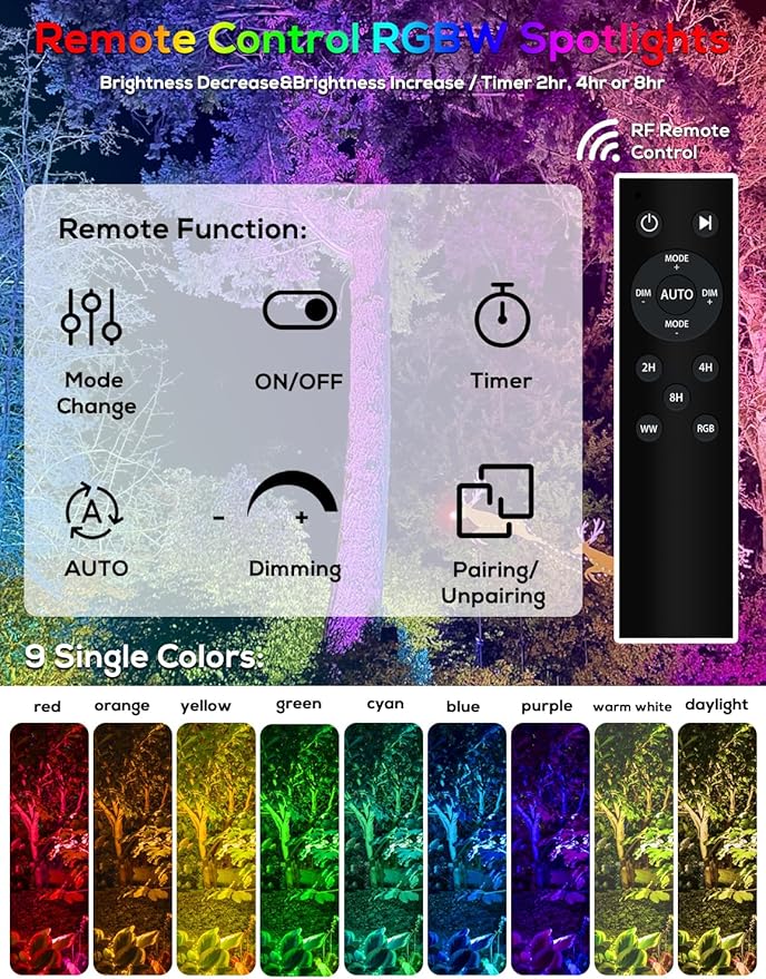 ZYAN Solar Color Changing RGB Spotlights with Remote, 12000mAh Separate Monocrystalline Panels & USB-C Powered, Auto On Off, Outdoor IP65 Waterproof for Patio Yard Path (100 Lumens × 8 Pack)