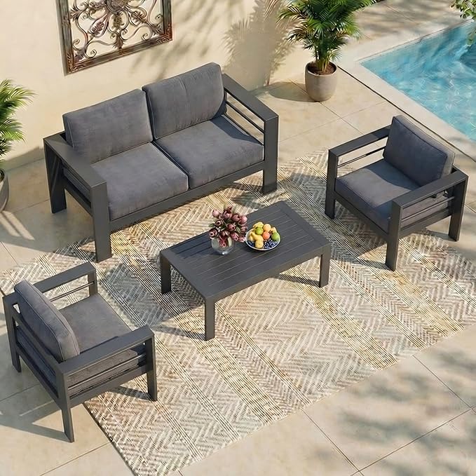 Wisteria Lane Aluminum Patio Furniture Set for All Weather, Oversized Metal Outdoor Furniture Set with 27.5" Deep Seat and 10" Back Cushion, Patio Conversation Sets with Wide armrest, Dark Grey