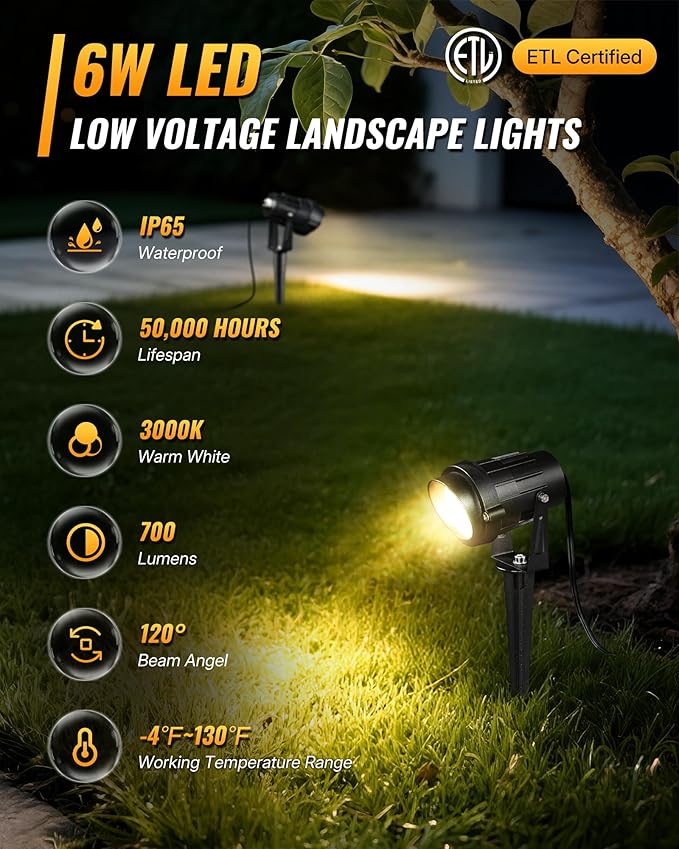 6W 700LM Low Voltage Landscape Lighting, 12V AC/DC 3000K Warm White LED Low Voltage Landscape Lights, IP65 Waterproof Outdoor Spotlights with Connectors for Garden Tree Yard 10Pack W01SLP1006
