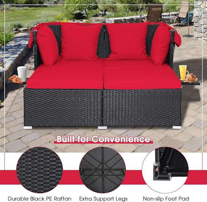 LDAILY Moccha Outdoor Daybed with Retractable Canopy, Wicker Cabana with 2 Side Tables & Soft Cushions,Hand-Woven PE Rattan Bed Lounger, Patio Sectional Furniture Set for Garden Backyard Porch (Red)