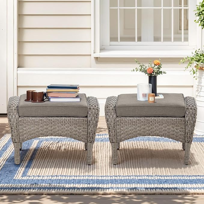 Belord Outdoor Ottomans for Patio Foot Rest - 25 Inch PE Wicker Foot Stool Set of 2 with Removable Cushions for Patio Furniture Sets,All Weather Rattan Ottoman for Balcony Deck Backyard Brown