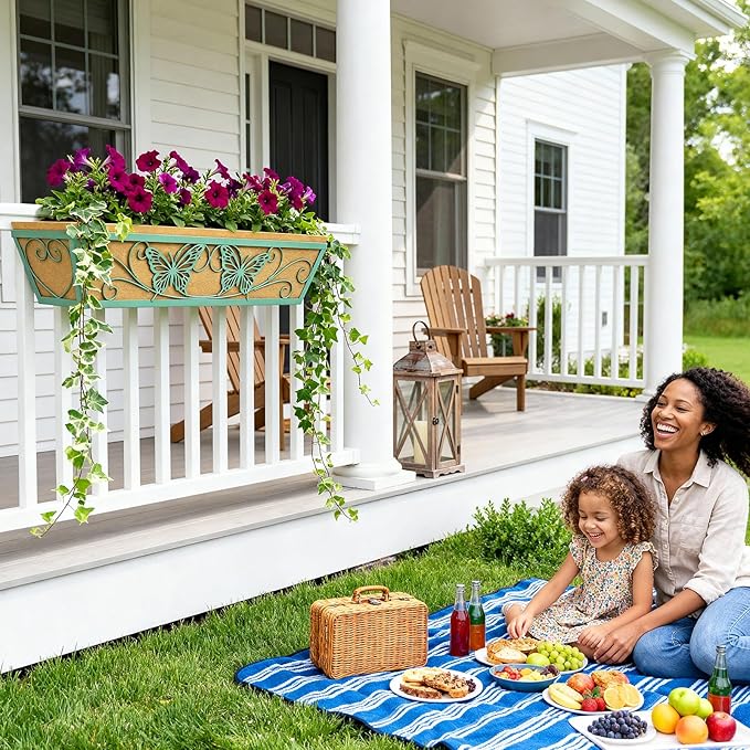 6 Pack 24 Inch Window Boxes Planter Railing Planters Box with Adjustable Brackets for Porch Deck Balcony Hanging Butterfly Decorative Flower Baskets & Non-Woven Fabric Liner for Outdoor Plants - Green
