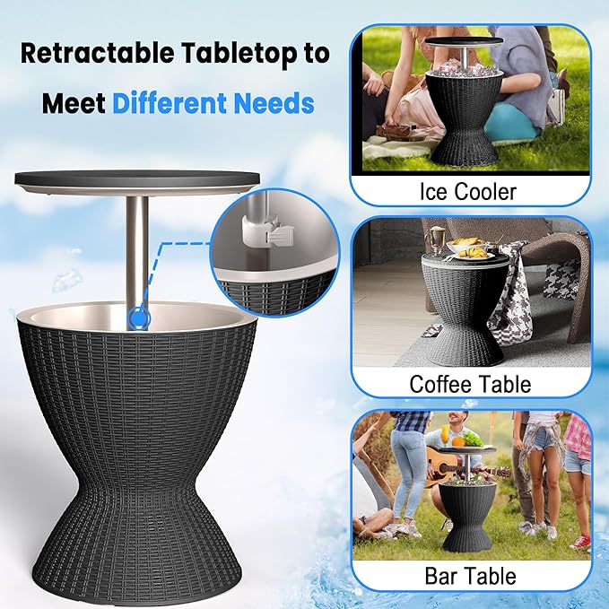 EasyUp Outdoor Cooler Bar Table – 8 Gallon Outdoor Patio Cooler Table with Drain Plug, Adjustable Height Rattan-Style Resin Cool Bar for Poolside, Deck, BBQ & Parties (Black)