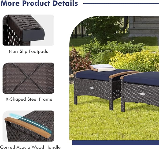 Tangkula 2 Piece Patio Rattan Ottomans, Outdoor Wicker Footstool w/Acacia Wood Handles, Soft Zippered Cushions, 3-in-1 Function Footstool Seat & Side Table for Backyard, Balcony, Poolside (Navy)