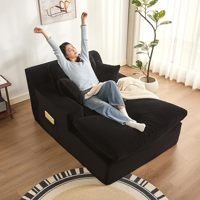 63" Chaise Lounge Chair Indoor, Set of Convertible Sleeper Sofa Couch with Throw Pillows & Side Pockets, Corduroy Upholstered Oversized Sofa Bed with Armrests for Living Room Bedroom, Black
