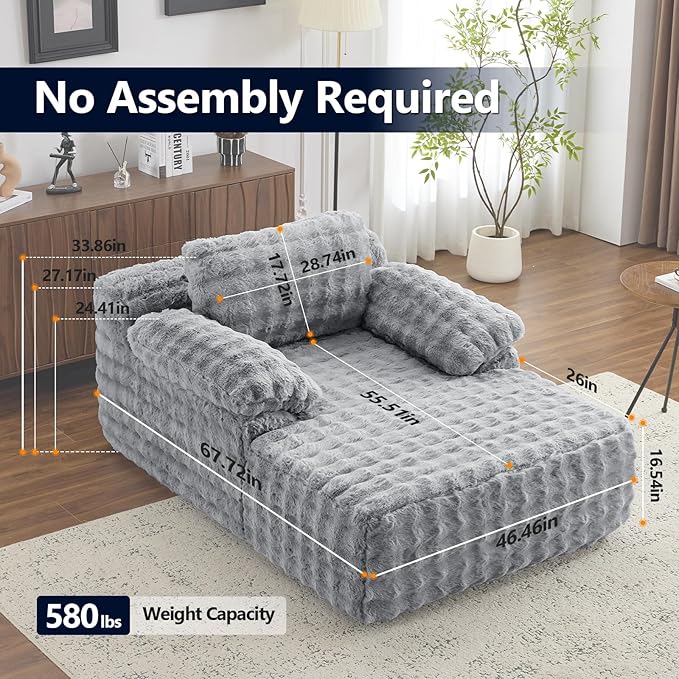 VINGLI 67.7" Oversized Chaise Lounge Chair Indoor Reading Chairs Comfy Bubble Fleece Upholstered Boneless Sofa Bed Sleeper Sofa Cloud Couches for Living Room, Bedroom, Play Room (Light Grey)