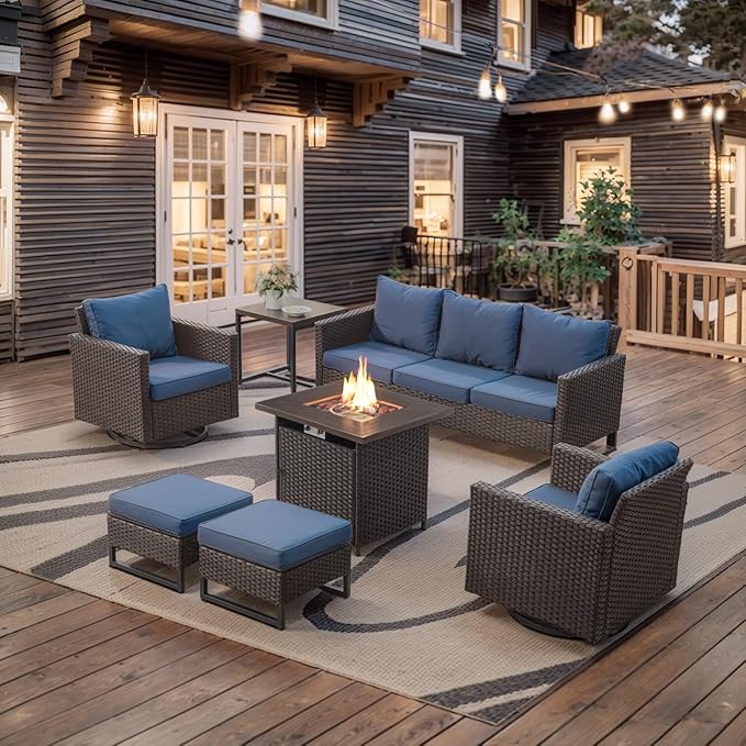 Belord 7 Pieces Patio Furniture Set with Fire Pit Table: Wicker Patio Conversation Set with Outdoor Swivel Glider Rocker Patio Couch Metal Side Table, All Weather Grey Rattan