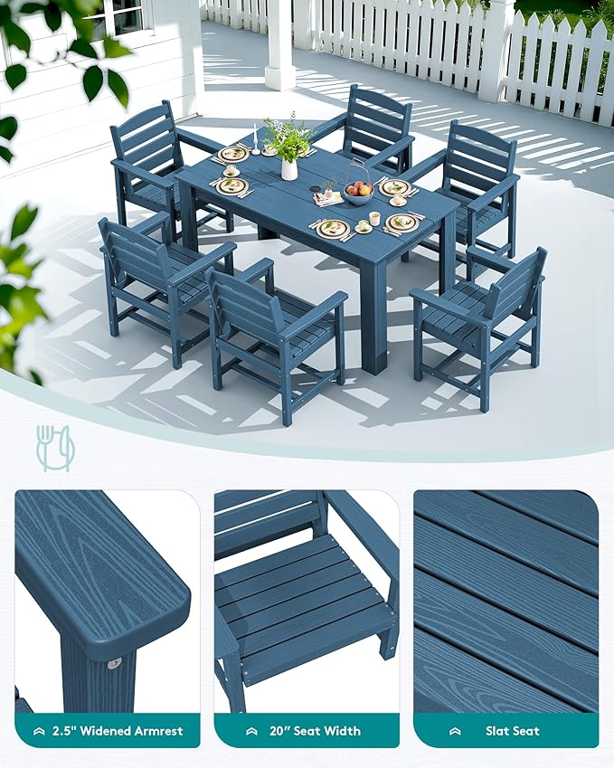 SERWALL Patio Dining Sets for 8, Outdoor Dining Sets for 8 Person with 2 Umbrella Hole Cut-Out Rectangular Tables and 8 Chairs, HDPE Dining Sets for Garden, Backyard, Poolside, Blue