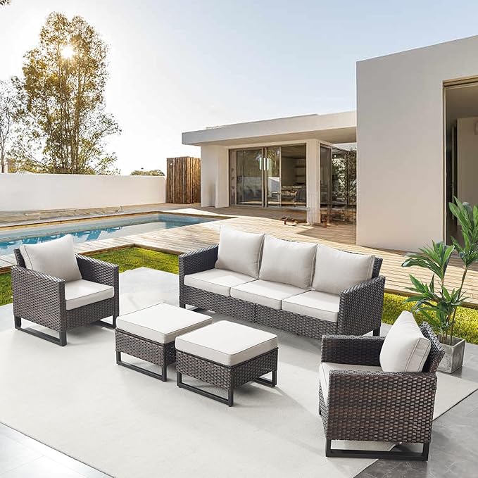 Belord Wicker Patio Furniture 5 Piece Outdoor Sofa Set, Oversize Outdoor Dining Chairs with Rattan Ottomans, Conversation Sets Patio Furniture Come with Removable Cushion Beige, Anti-Rust Frame