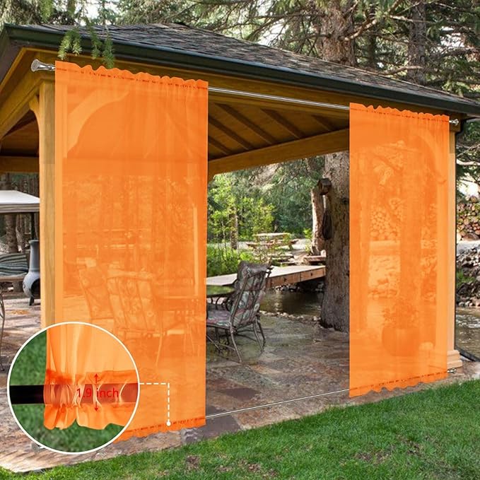 SpaceDresser Waterproof Outdoor Sheer Curtains for Patio - 2 Panels Rod Pocket Indoor Voile Sheer Curtain for Living Room,52W x 96L inch, Orange