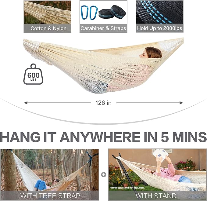 PNAEUT Handwoven Mayan Hammocks, Double Rope Hammock for Outdoor Outside & Indoor, Thick Soft 600 lbs Capacity Heavy-Duty, Includes Tree Straps, Carabiners & Carrying Bag (Nature, X-Large)