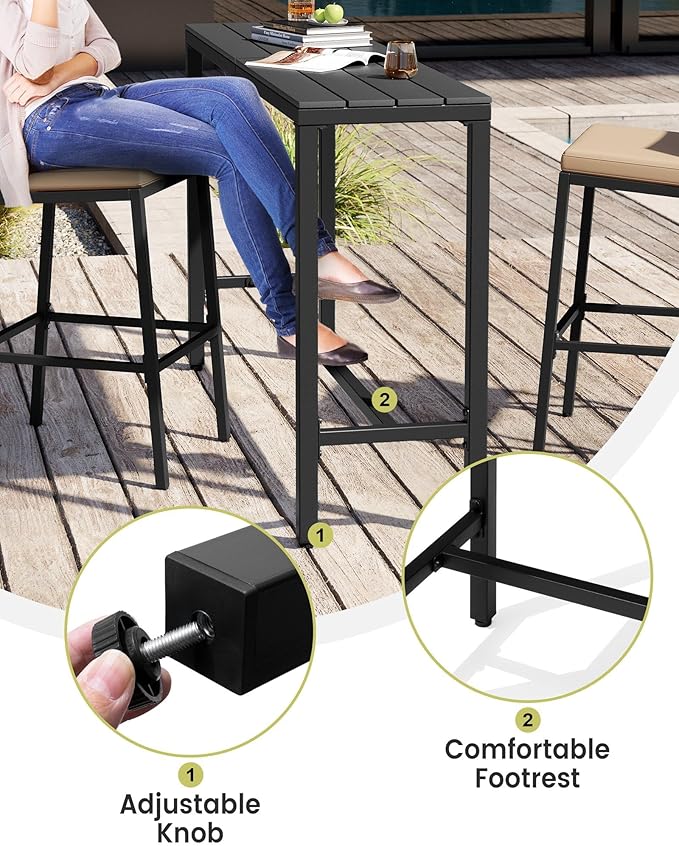 Crestlive Products Outdoor Bar Table and Chairs Set, 3 Piece Outside Patio Bar Set with 63" Long Bar Table and 2 Bar Stools for Balcony, Bistro, Garden, Backyard(Black Desktop and Light Gray Cushion)