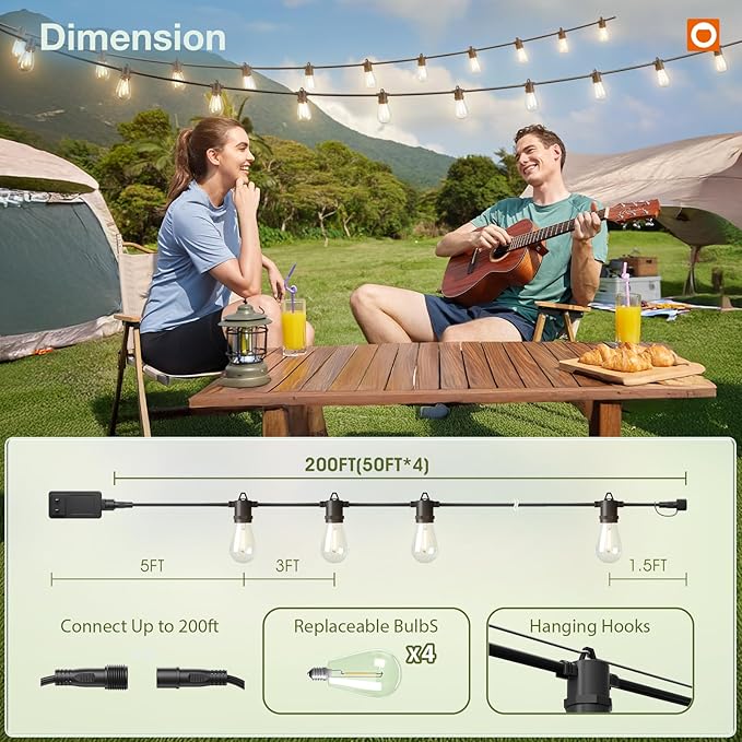 addlon 200FT LED Outdoor String Lights, Remote Dimmable Patio Lights with Timer & 3 Lighting Modes, 64 Shatterproof Edison Bulbs, Waterproof Connectable String Lights for Outside Backyard Porch Party