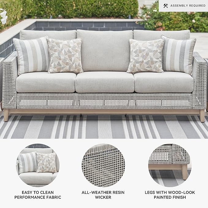 Signature Design by Ashley Seton Creek Cottage Nuvella Weather Resistant Fabric Outdoor Sofa with Cushion and 4 Throw Pillows, Light Brown & Light Gray