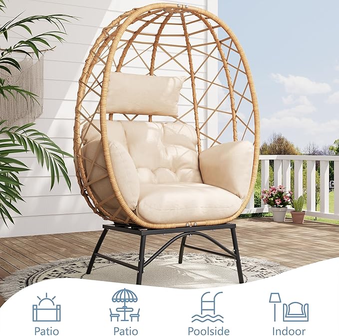 SWITTE Wicker Egg Chair Outdoor, Oversized Patio Lounge Chairs with Cushion for Indoor Living Room, Bedroom, Outside Backyard Balcony-Beige