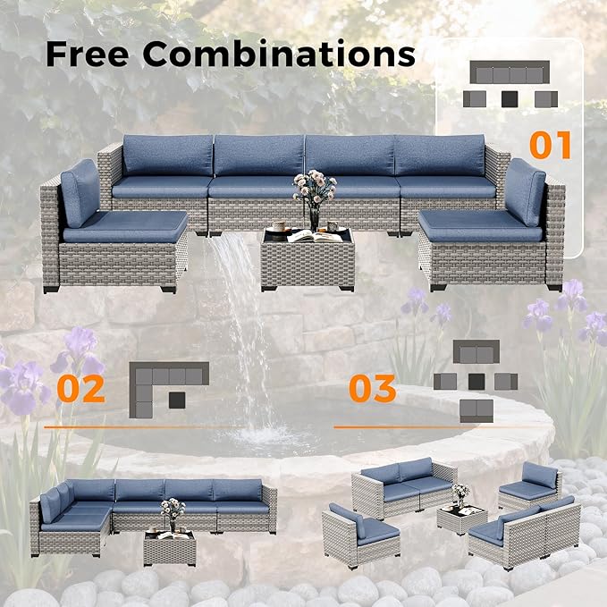 12-Seat Modular Patio Furniture Set – Outdoor Wicker Sectional Sofa with Thick 4″ Cushions, Dual-Strand PE Rattan, Rust-Resistant 18 mm Steel Frame, Backyard Garden Deck Lounge,Navy