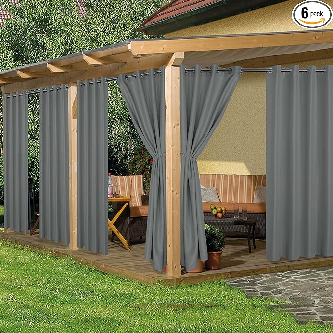 HolidayIdeas Outdoor Curtains for Patio Waterproof, 6 Panels - 54x84 Inches - Weatherproof Privacy Outsides Curtains for Cabana Porch Pergola, Sunlight & UV Blocking (Grey, Grommet Top)