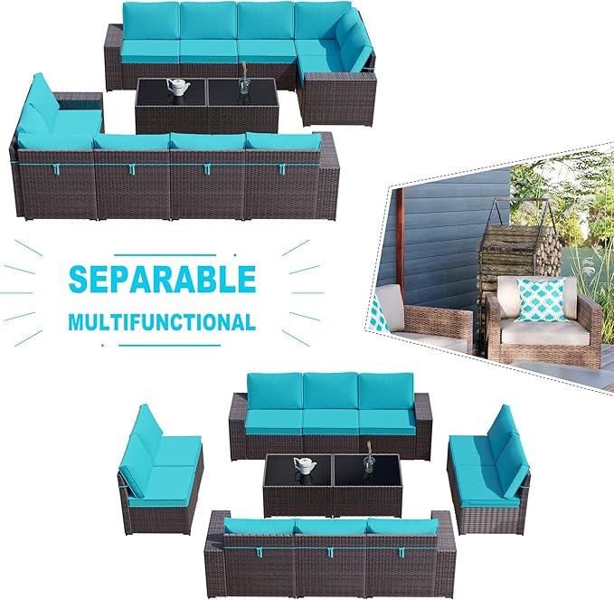 Kullavik Outdoor Patio Furniture Set,12 Pieces Sectional Rattan Sofa Set Brown PE Rattan Wicker Patio Conversation Set with 10 Seat Cushions and 2 Tempered Glass Coffee Table,Turquoise Blue