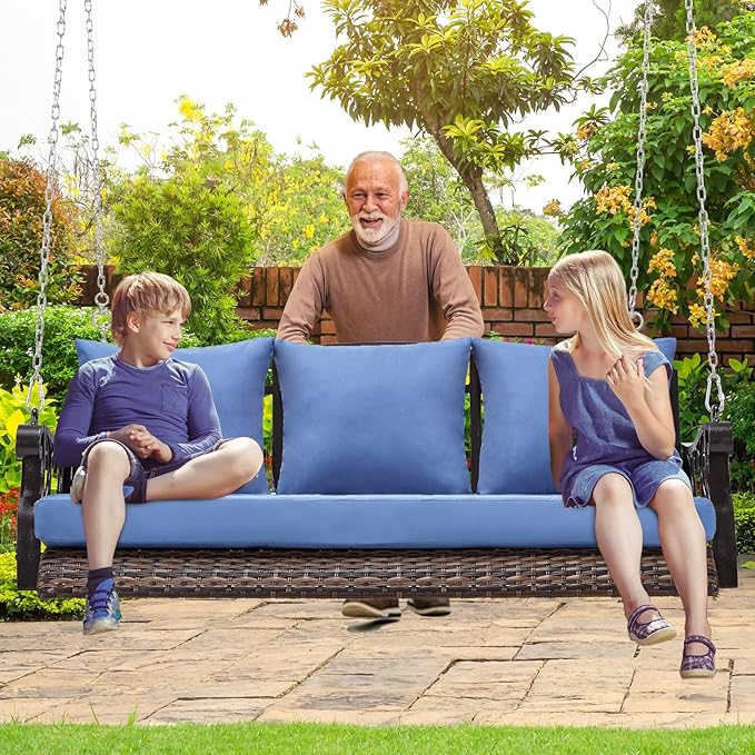 Heavy Duty 900 LBS Porch Swing Chair 3-Person Outdoor Rattan Patio Swing Lounge w/Cup-Holder & Steel Chains Wicker Hanging Bench Porch Swing Cushions for Deck & Backyard & Garden