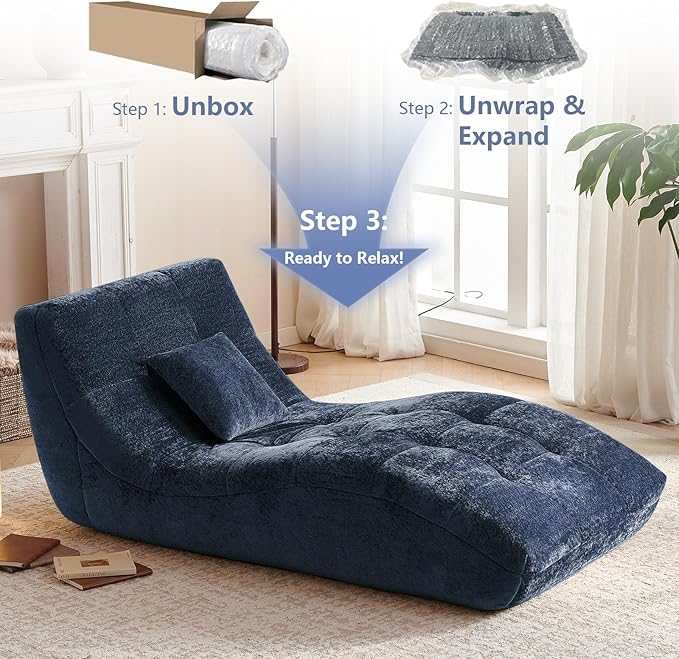 Chaise Lounge Chair with Curved Back, Modern Upholstered Recliner Sofa, Tufted Accent Lounger Comfortable Lazy Chair for Bedroom, Apartment (Blue)