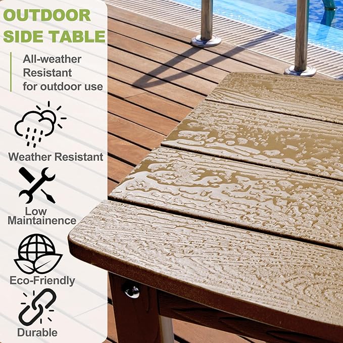 Y&M Outdoor Side Table, HIPS Adirondack Small Double Layer Table, Waterproof Square Outside Table, Balcony Modern End Tables for Patio, Pool, Beach, Porch, Deck, Indoor or Outdoor Use, Brown