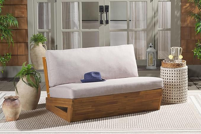 SAFAVIEH Outdoor Patio Furniture Collection Lynn Natural & Light Grey Solid Wood Sofa (PAT7329B)