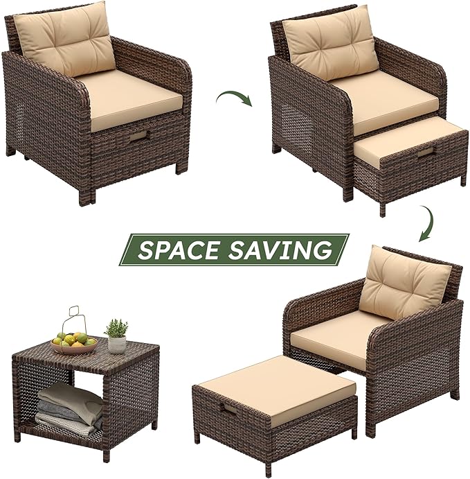 LHBcraft Balcony Furniture 5 Piece Wicker Patio Furniture Set, Outdoor Hand-Woven Rattan Lounge Chairs with Tempered Glass Coffee Table, Ottomans & Soft Cushions for Front Porch, Garden, Brown