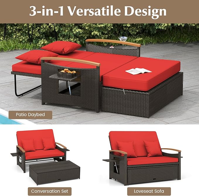 LDAILY Moccha Outdoor Wicker Daybed, Patio Rattan Loveseat Sofa w/ 4-Level Adjustable Backrest, Folding Panels, Storage Ottoman & Cushions, Lounge Furniture Set for Poolside Backyard Porch (Red)