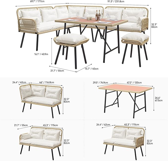 YITAHOME Patio Wicker L-Shaped Furniture Set, All-Weather Rattan Outdoor Conversation Sofa Set for Backyard Deck with Soft Cushions,Ottomans and Plastic Wood Dining Table (Light Brown+Beige)
