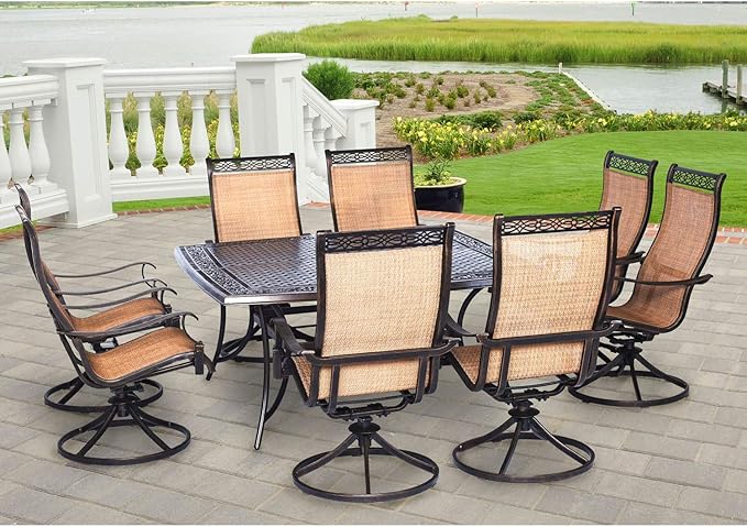 Hanover Manor 9-Piece Outdoor Dining Set with 8 PVC Sling Swivel Rockers and Rust-Resistant Aluminum 60" Square Outdoor Dining Table, Durable and Comfortable Patio Dining Set for 8