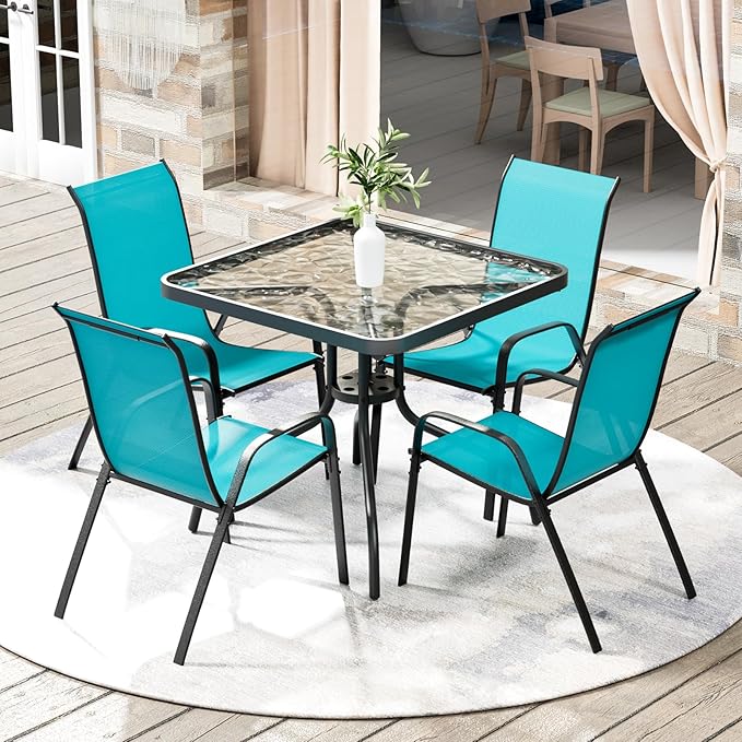 Arlopu 5 Piece Outdoor Patio Dining Set (Umbrella not Included), Porch Furniture with 4 Textline Chairs, 1 Square Glass Table for Garden, Backyard and Poolside, Lawn (Blue)