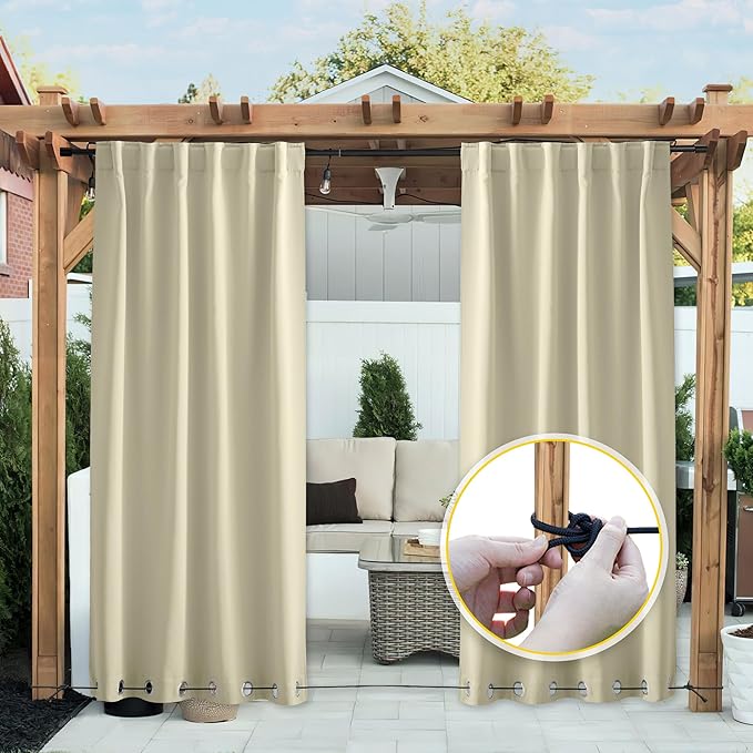 NICETOWN 2 Panels Waterproof Outdoor Curtains Fixed Grommet & Back Tab on Top & Bottom, Thermal Insulated Keep Rain & Sun Out Blackout Windpoorf Outdoor Draperies with Rope, W52 by L108, Light Beige