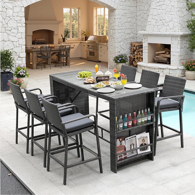 NICESOUL 7-Piece Outdoor Patio Bar Set, Wicker High Top Table with 6 Cushioned Chairs and Hidden Double Storage Shelves, Rattan Counter Bar Height Dining Set for Backyard, Garden, Poolside, Gray