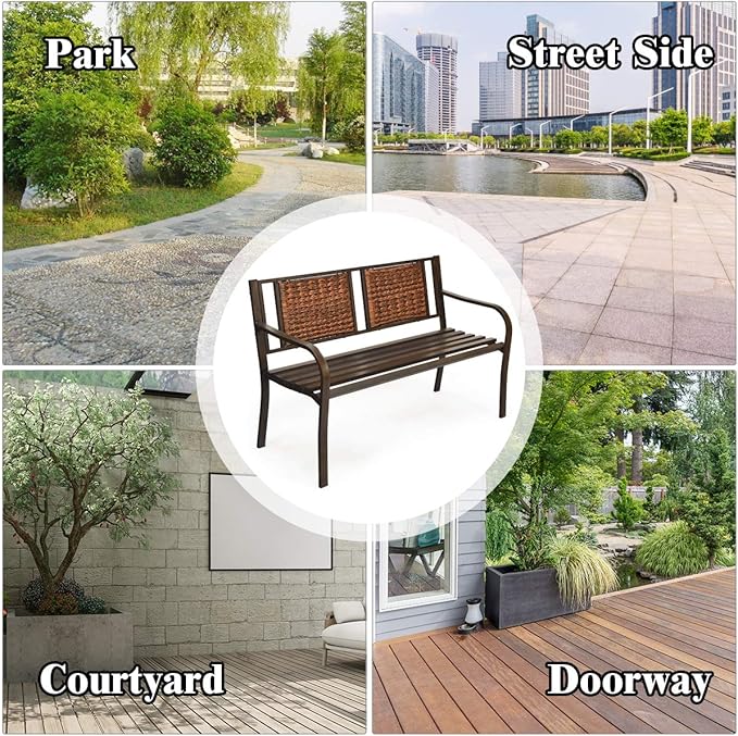 S AFSTAR Outdoor Garden Bench, Brown, Iron, Metal, Polyethylene, Rattan, 50.5 in Width, 2 Adults