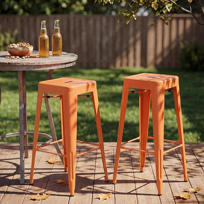 Shahoo 30 Inches Metal Bar Stools Counter Height Stackable Backless Stools, Industrial Patio Stools Indoor Outdoor Metal Kitchen Stools Set of 4 (Orange, 30'')