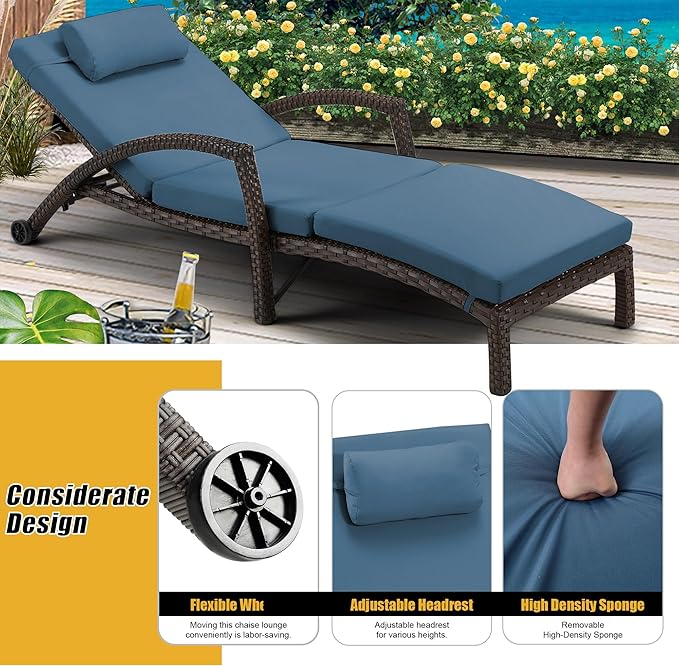 HOMREST Chaise Lounge Chairs Set of 2, PE Rattan Wicker Patio Lounge Chair with Adjustable 5 Position, Arm and Wheels for Poolside Backyard Deck Porch,Dark Blue