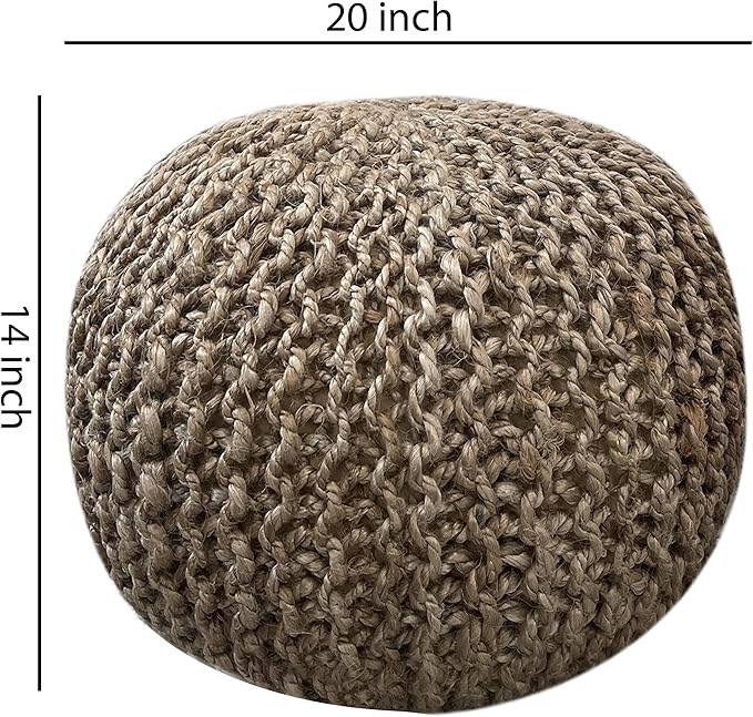 S & L Homes Pouf Ottoman - 100% Natural Jute Braided- Footrest Pouf Hand Knitted - Traditional Cord Boho Pouffe - for The Living Room, Bedroom, Nursery, Patio, Lounge (20" x 20" x 14")