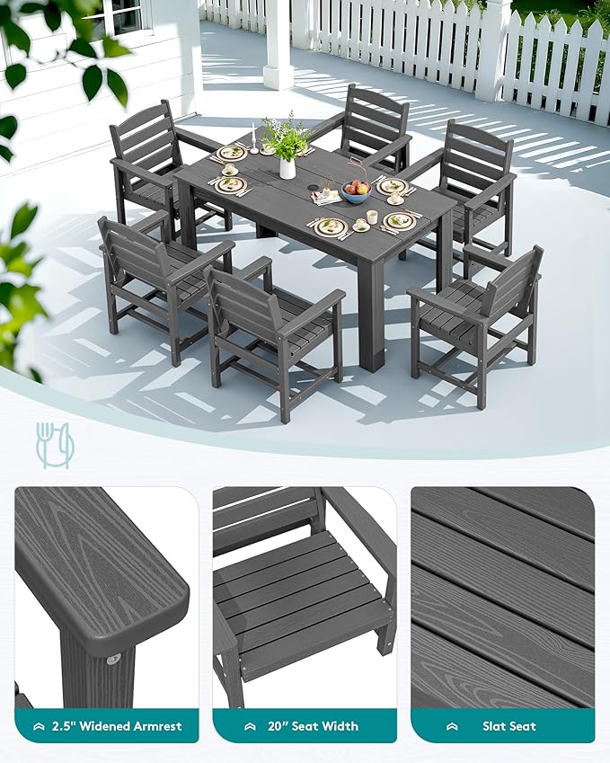 SERWALL Patio Dining Set for 6, Outdoor Dining Sets for 6 Person with 1 Umbrella Hole Cut-Out Rectangular Table and 6 Chairs, HDPE Dining Sets for Garden, Backyard, Poolside, Gray