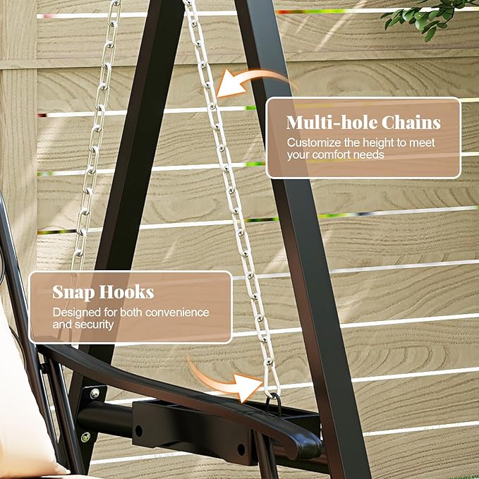 Tangkula Porch Swing with Stand, Outdoor Patio Swing with Heavy-Duty Metal Frame, Removable Cushions, Side Tables, Armrests for Garden, Balcony, Backyard, Poolside