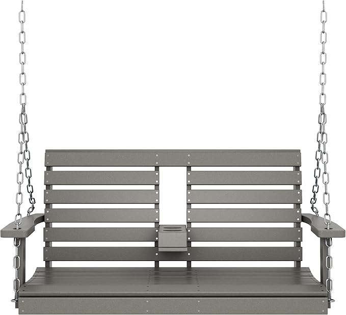 KINGYES Outdoor Hanging Porch Swing, 2 Seat Patio Chair With Cup Holders, Waterproof Bench for Courtyard & Garden, 660LBS Weight Capacity, Gray
