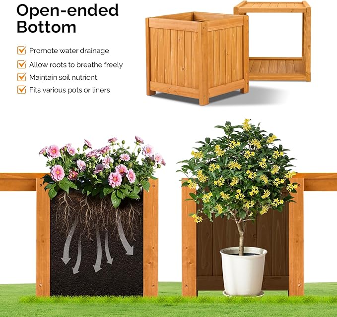 VINGLI Outdoor Wood Bench with Planter Boxes, 2-in-1 All-Weather Porch Bench Seat ＆ Open-Ended Wooden Raised Garden Bed, for Balcony Yard Patio (1 Box)