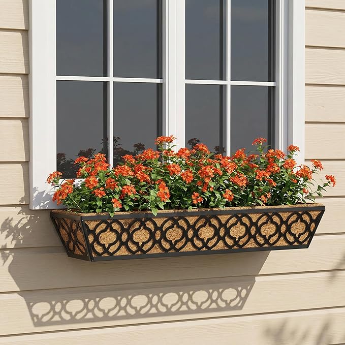 Y&M 30 inch Window Planter Box 4Pcs Iron Window Deck Railing Planter with Coco Liner, Metal Horse Troughs Fence Planter for Outdoor Balcony Rail Fence Porch Patio