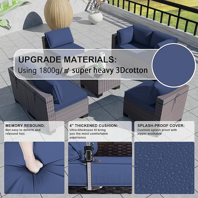 Kullavik 7 Pieces Outdoor Patio Furniture Set,Sectional Rattan Sofa Set Brown PE Rattan Wicker Patio Conversation Set with Tempered Glass Coffee Table and Washable Cushions Covers,Navy Blue