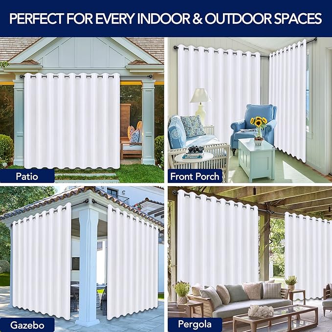 PureFit Outdoor Curtains for Patio Waterproof Weatherproof, UV Resistant Outside Curtains for Gazebo, Front Porch, Pergola, Sun Blocking Privacy Curtain, 150W x 95L inch, 1 Panel, White