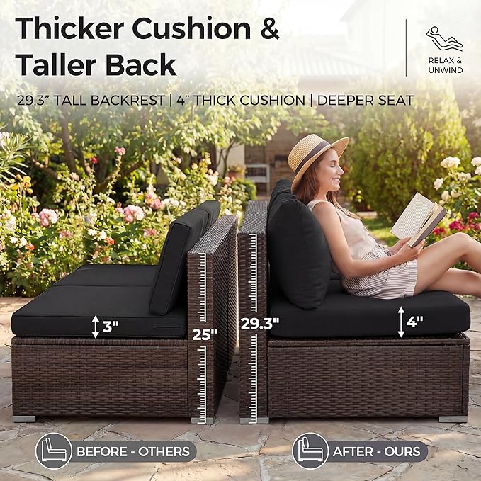 NICESOUL 11 Piece L-Shaped Outdoor Patio Furniture Set with Fire Pit Natural Gas/Propane, 29.3'' High Back Conversation Set, Extra Large Deep Couch Sofa Sectional Sets, Brown Rattan and Black Cushion
