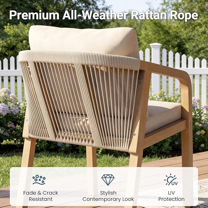 Wisteria Lane Acacia Patio Dining Chairs Set of 2, Outdoor Wood Chairs with Thick Cushions, Modern Patio Seating with Woven Rope Backrest for Porch, Backyard, Garden, Indoor Use, Beige